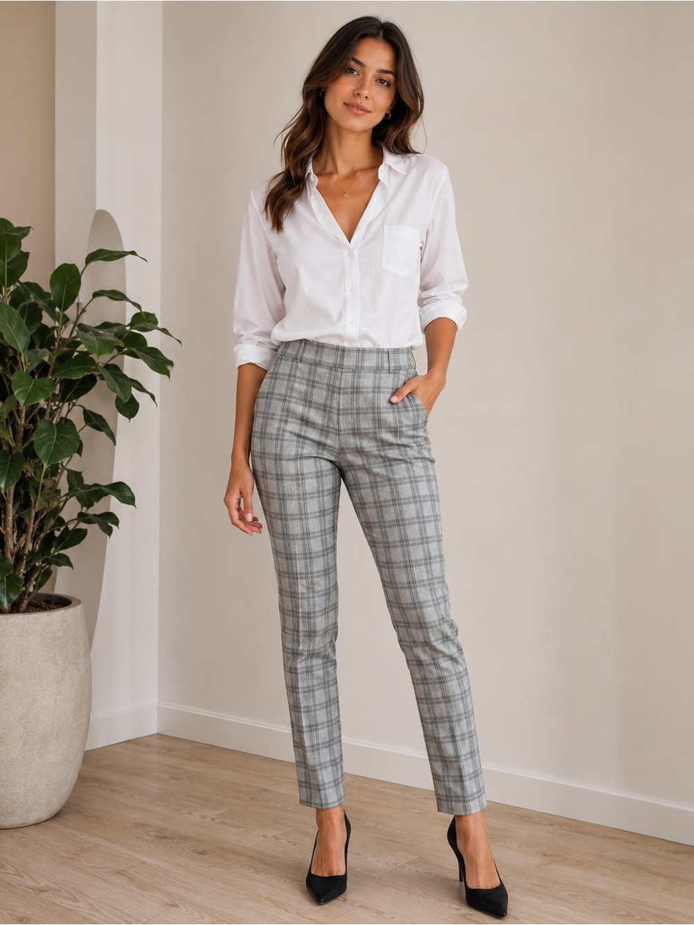Ecru Women’s Grey Plaid Trousers Career Wear 6 NEW